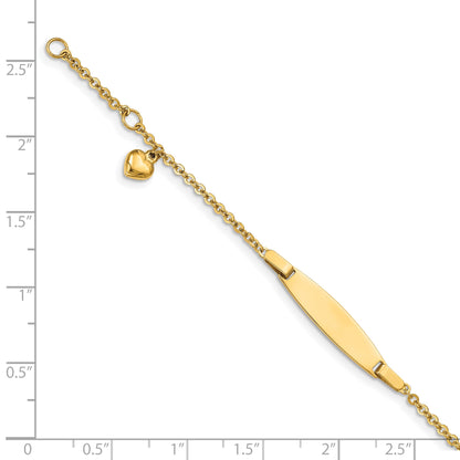 14k Polished Solid Chain/Solid Plate Heart Dangle 20x6mm Plate 4.5 inch Baby/Child ID Bracelet with 0.5 inch Extender