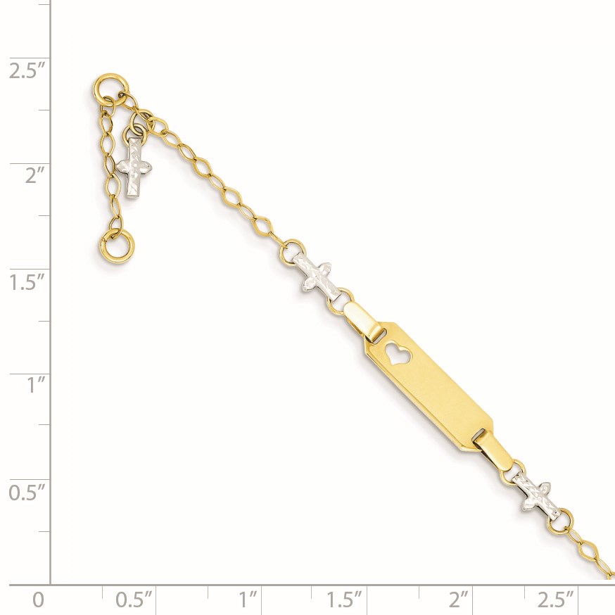 14k Two-tone Polished Textured Cross and Cut-out Heart 18x5mm Plate 4.5 inch Baby/Child ID Bracelet with 1 inch Extender