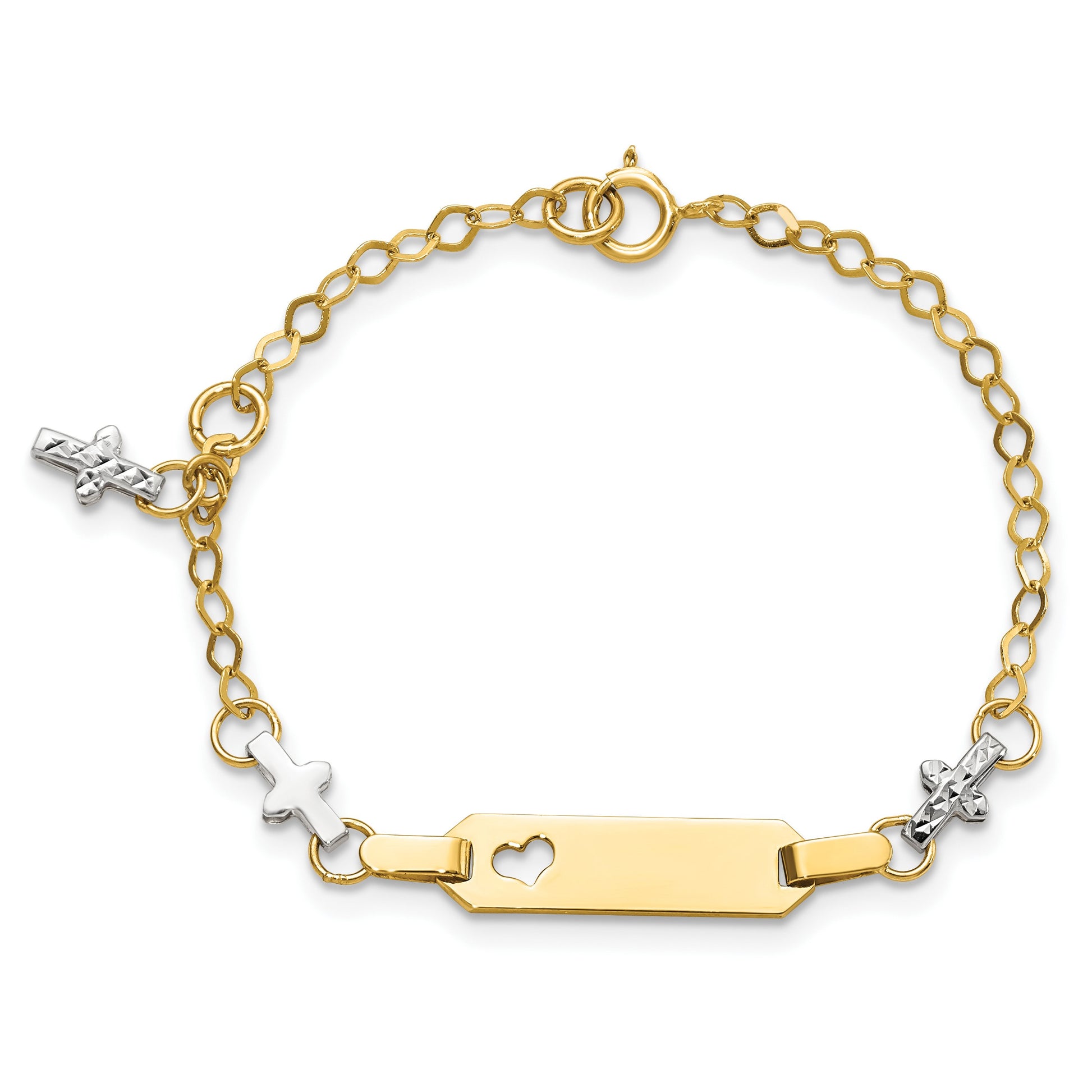 14k Two-tone Polished Textured Cross and Cut-out Heart 18x5mm Plate 4.5 inch Baby/Child ID Bracelet with 1 inch Extender