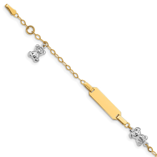 14k Two-tone Polished Teddy Bears and 18x5mm Plate 5.5 inch Baby/Child ID Bracelet with 0.5 inch Extender