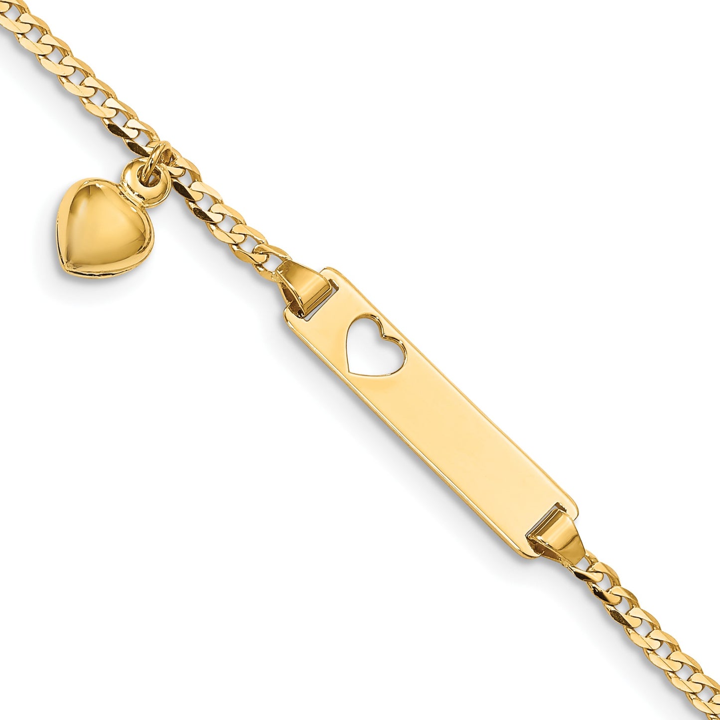14k Polished Solid Chain/Solid Plate Cut-out Heart with Heart Dangle Curb Link 21x5mm Plate 5.5 inch Baby/Child ID Bracelet