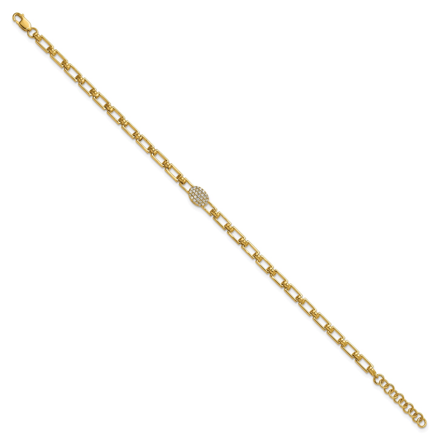 14K Polished Complete 1/8 carat Diamond Oval Cluster Fancy Link 7 inch Bracelet with 1 inch Extender