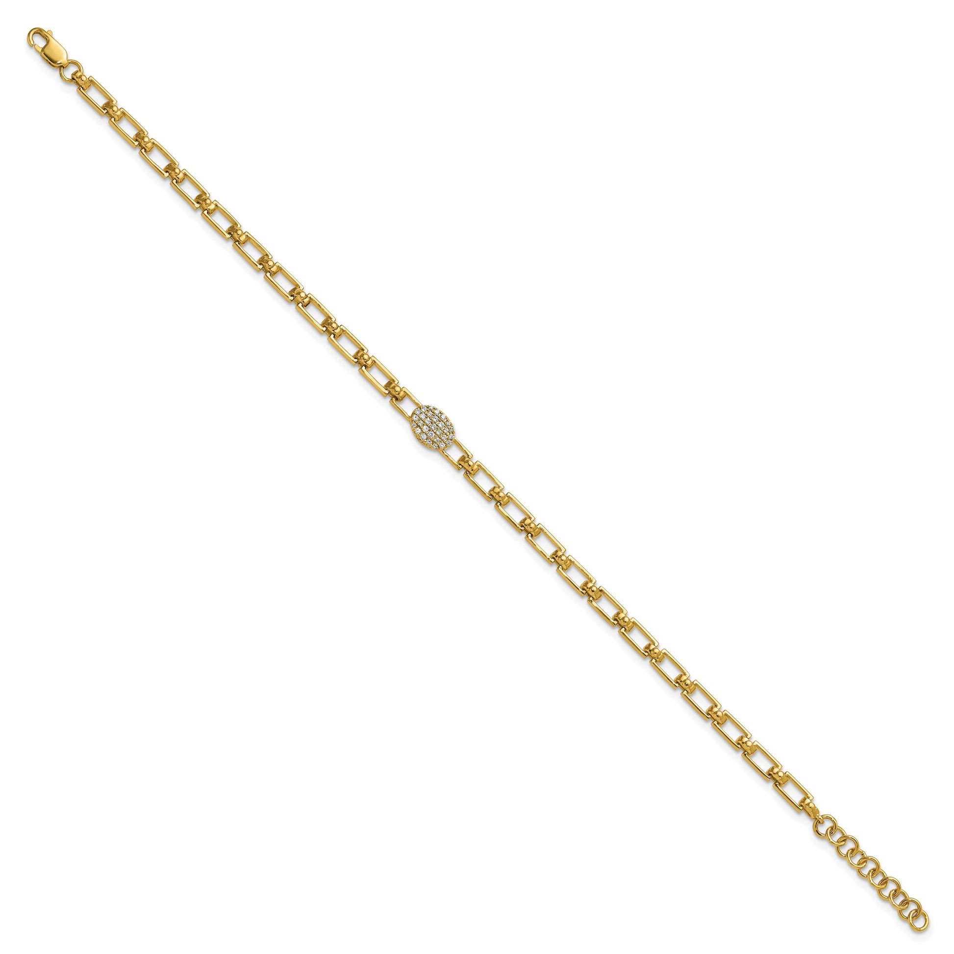14K Polished Complete 1/8 carat Diamond Oval Cluster Fancy Link 7 inch Bracelet with 1 inch Extender