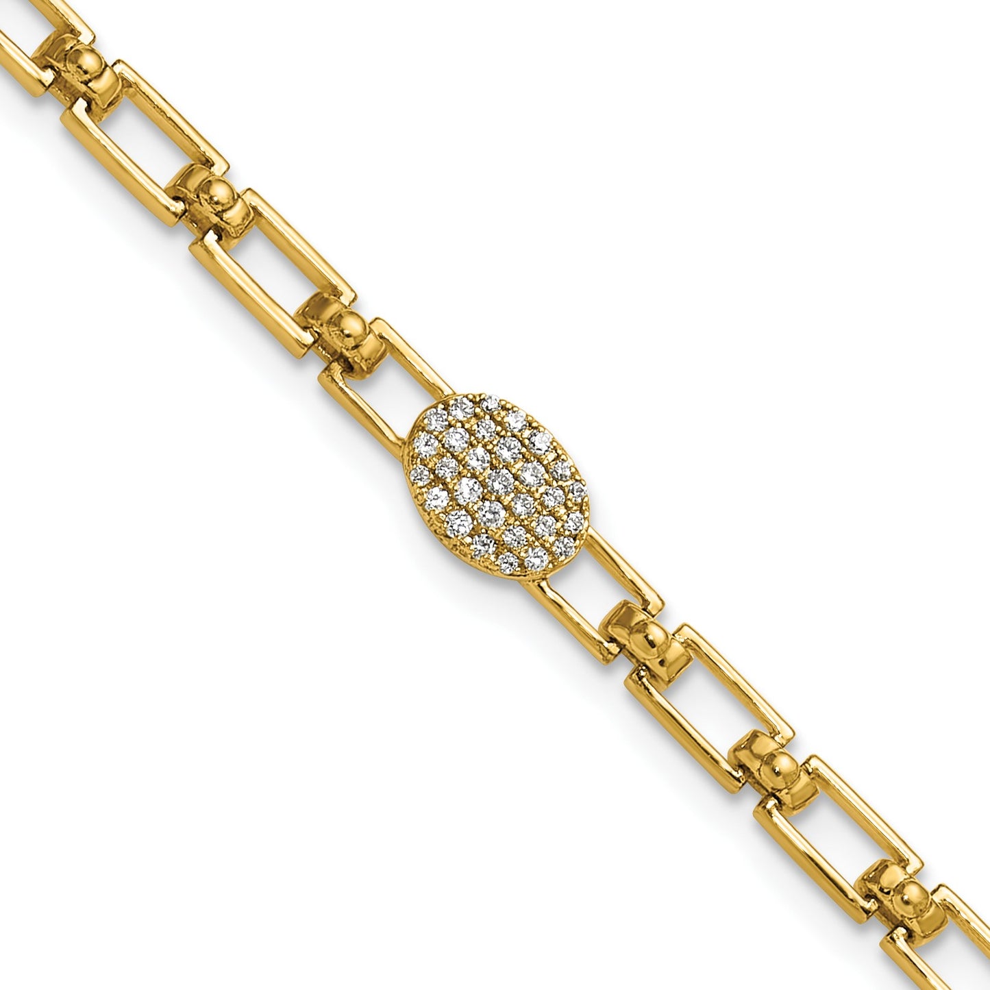 14K Polished Complete 1/8 carat Diamond Oval Cluster Fancy Link 7 inch Bracelet with 1 inch Extender