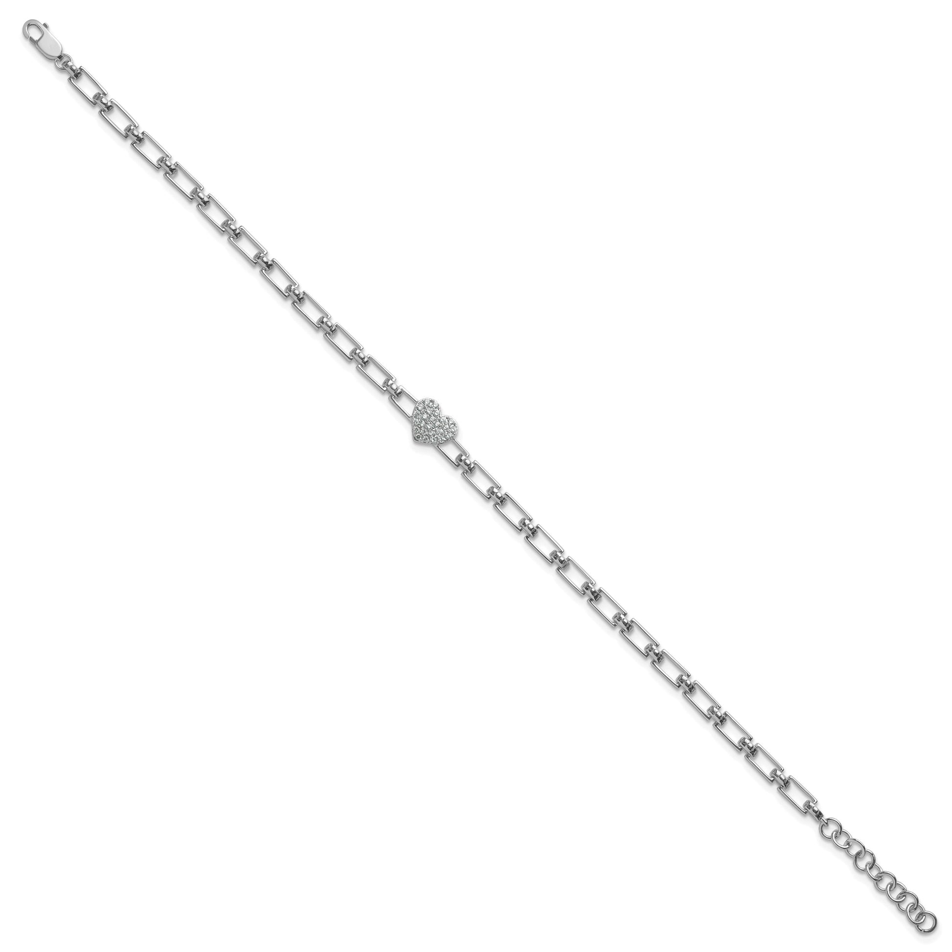 14K White Gold Polished Complete 1/6 carat Diamond Heart Cluster Fancy Link 7 inch Bracelet with 1 inch Extender
