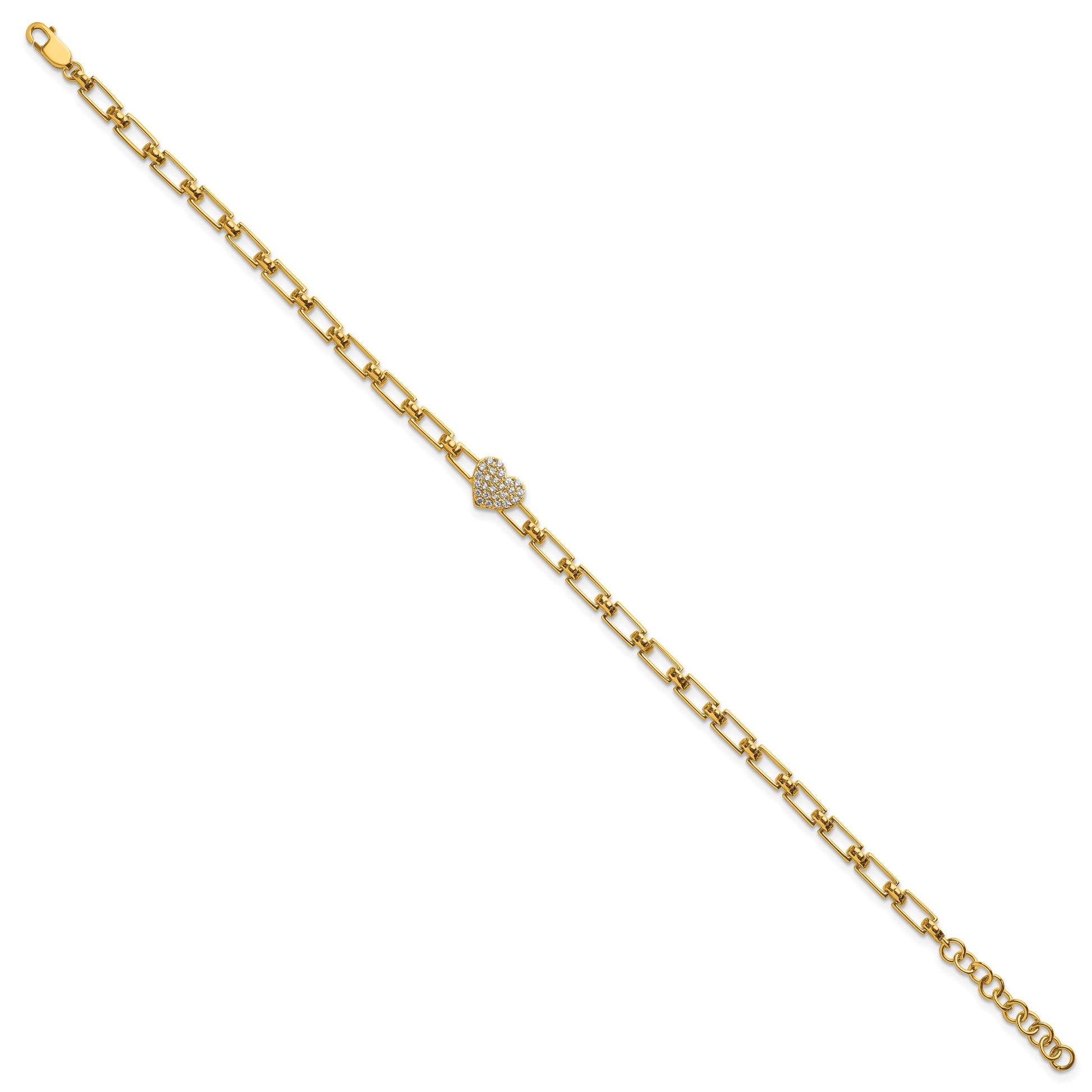 14K Polished Complete 1/6 carat Diamond Heart Cluster Fancy Link 7 inch Bracelet with 1 inch Extender