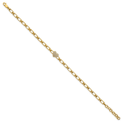 14K Polished Complete 1/6 carat Diamond Heart Cluster Fancy Link 7 inch Bracelet with 1 inch Extender