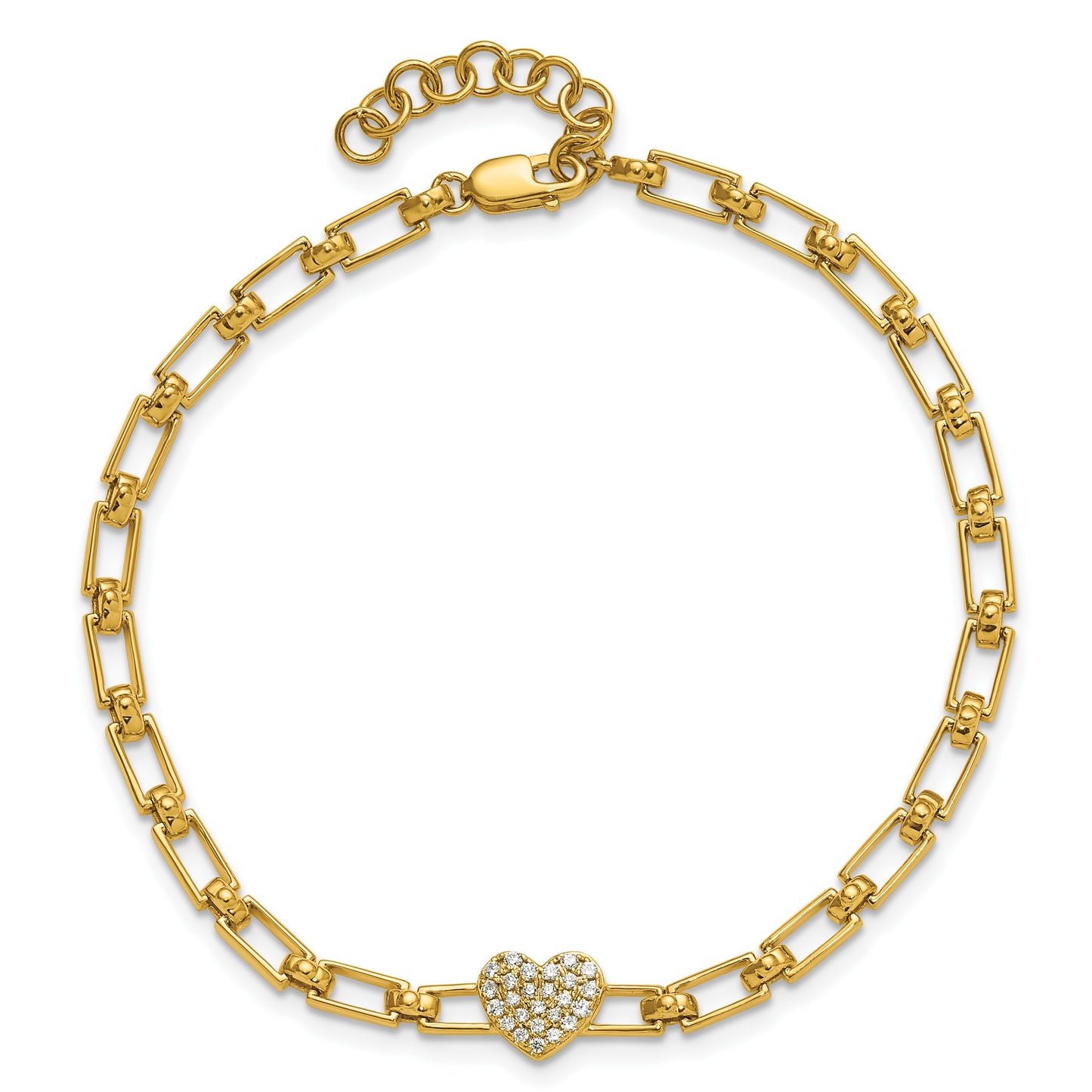 14K Polished Complete 1/6 carat Diamond Heart Cluster Fancy Link 7 inch Bracelet with 1 inch Extender