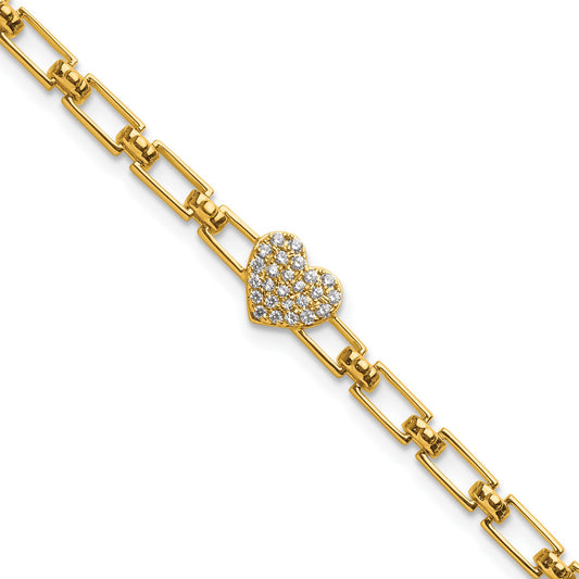 14K Polished Complete 1/6 carat Diamond Heart Cluster Fancy Link 7 inch Bracelet with 1 inch Extender