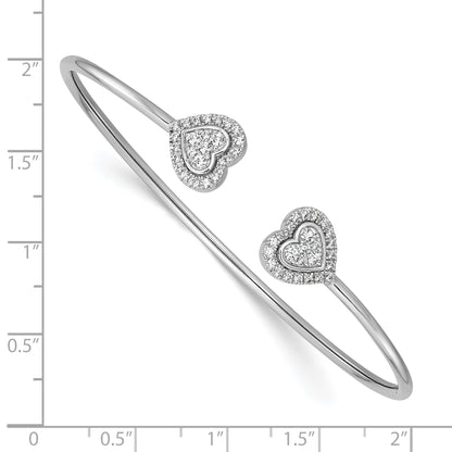 14K White Gold Polished Complete 1/2 carat Diamond Heart Flexible Cuff Bangle Bracelet