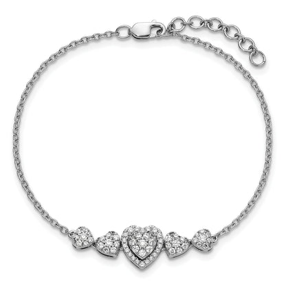 14K White Gold Polished Complete 5/8 carat Diamond Hearts 7 inch Bracelet with 1 inch Extender