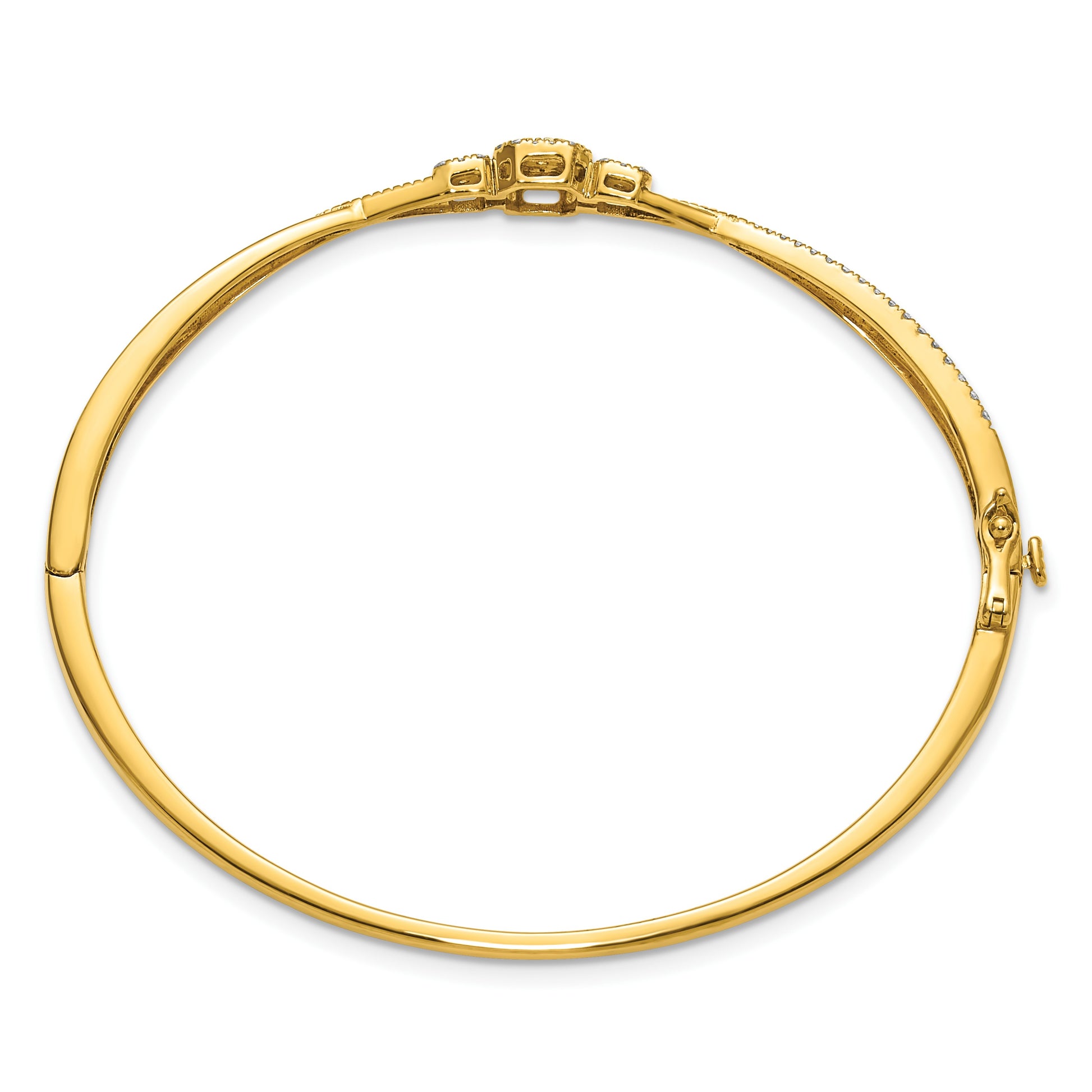 14K Polished and Textured Complete 1/2 carat Diamond Fashion Hinged Oval Bangle Bracelet
