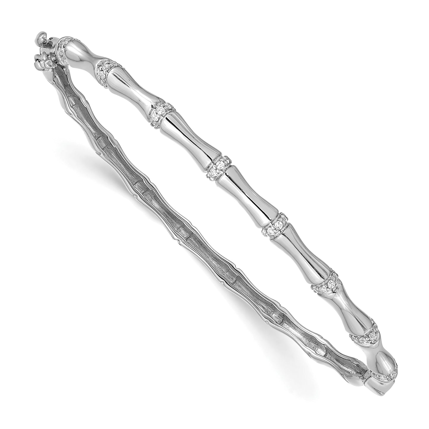 14k White Gold Bamboo Design Complete 1/4 carat Diamond Hinged Oval Bangle Bracelet