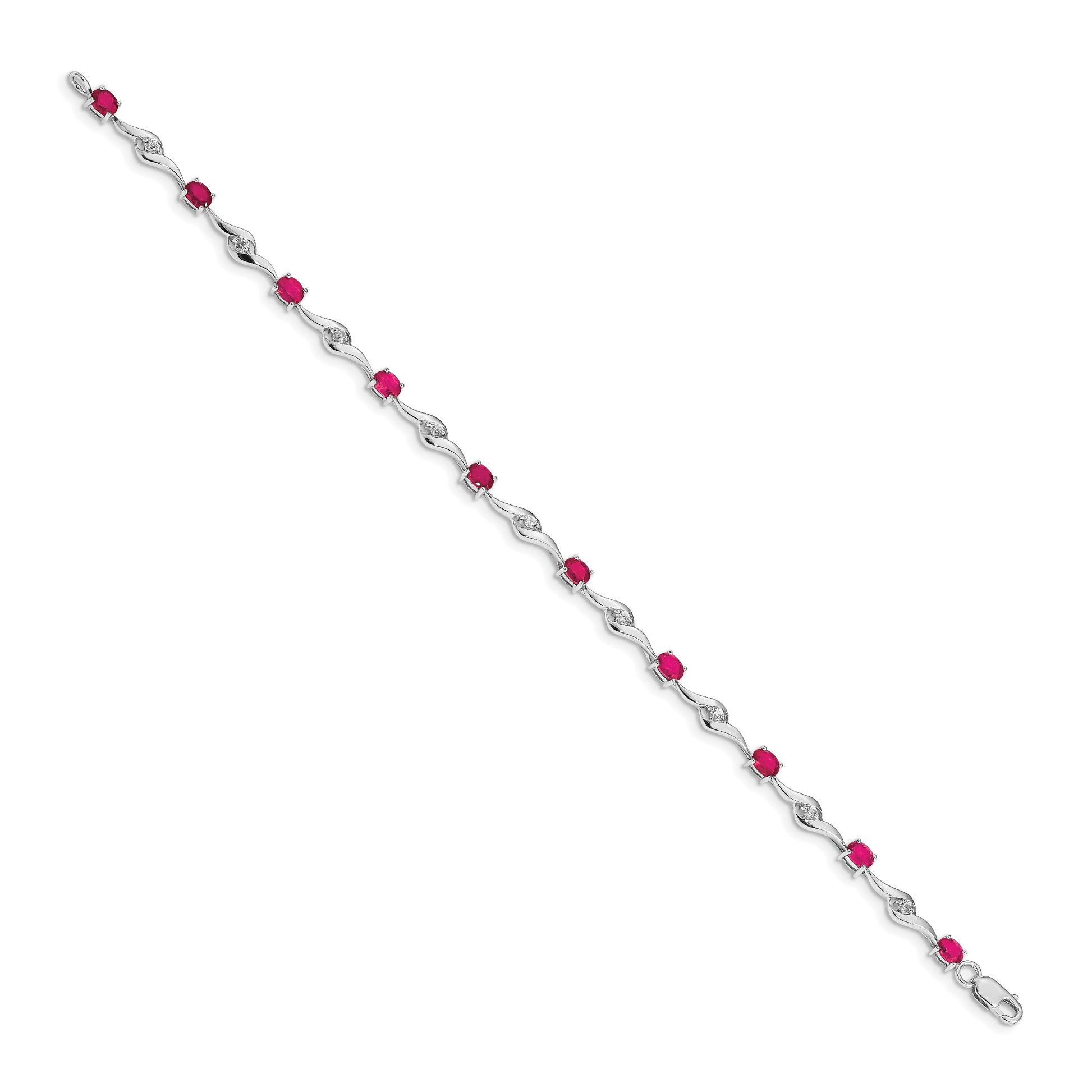 14k White Gold Complete Oval Ruby and Round White Sapphire Curved Link 7 inch Bracelet