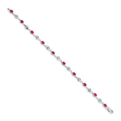 14k White Gold Complete Oval Ruby and Round White Sapphire Curved Link 7 inch Bracelet