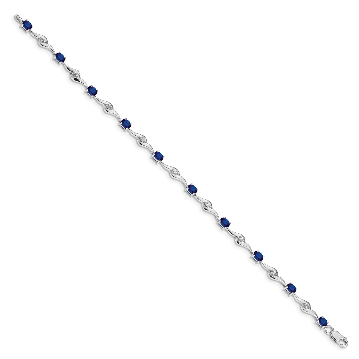 14k White Gold Complete Oval Blue Sapphire and Round White Sapphire Curved Link 7 inch Bracelet