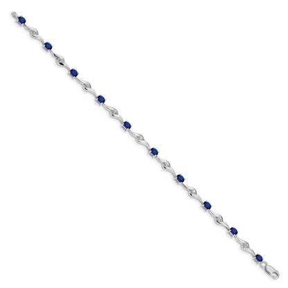 14k White Gold Complete Oval Blue Sapphire and Round White Sapphire Curved Link 7 inch Bracelet
