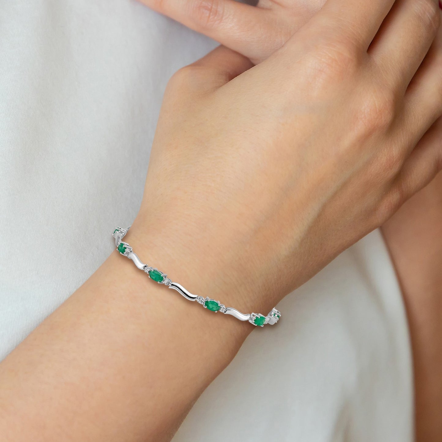 14k White Gold Complete Diamond and Oval Emerald Wavy Link 7 inch Bracelet