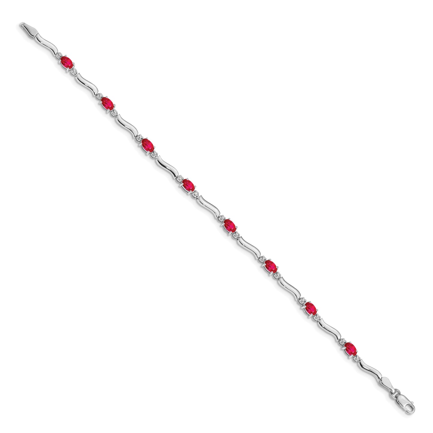 14k White Gold Complete Diamond and Oval Ruby Wavy Link 7 inch Bracelet