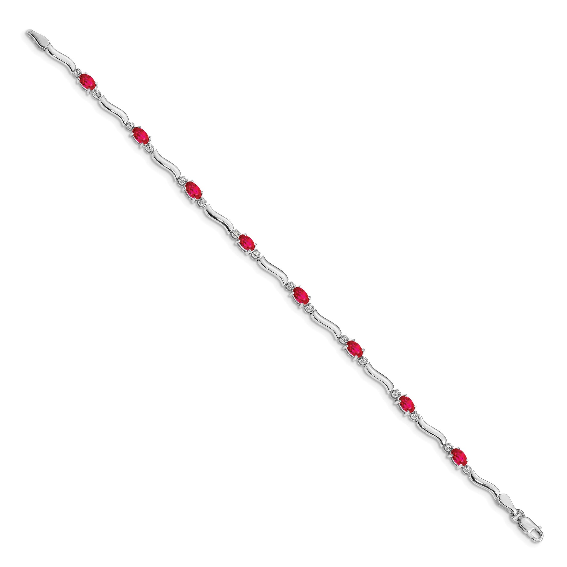 14k White Gold Complete Diamond and Oval Ruby Wavy Link 7 inch Bracelet