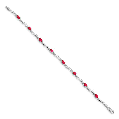 14k White Gold Complete Diamond and Oval Ruby Wavy Link 7 inch Bracelet