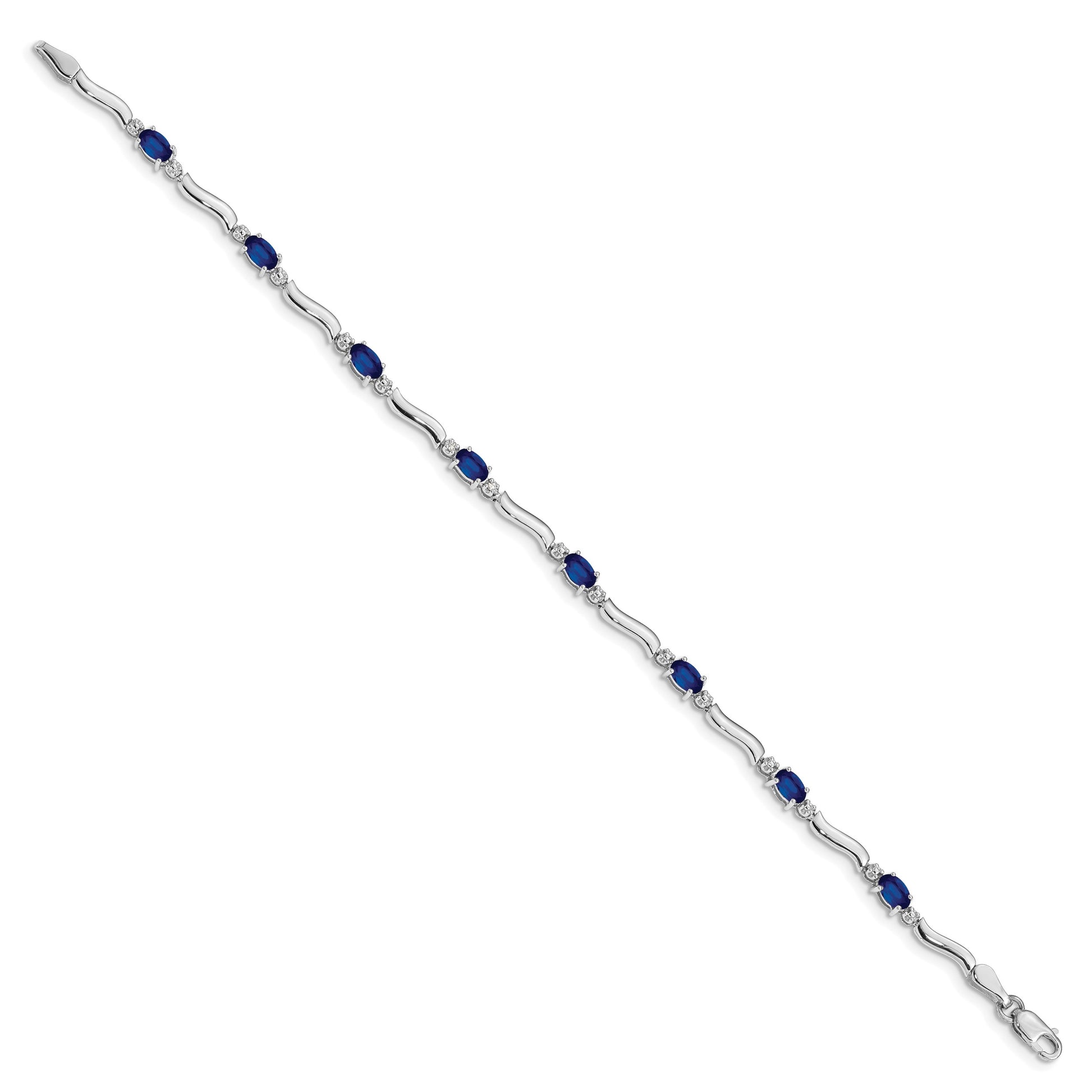 14k White Gold Complete Diamond and Oval Sapphire Wavy Link 7 inch Bracelet