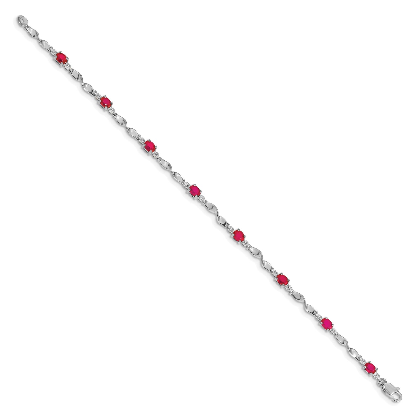 14k White Gold Complete Diamond and Oval Ruby Twisted Link 7 inch Bracelet