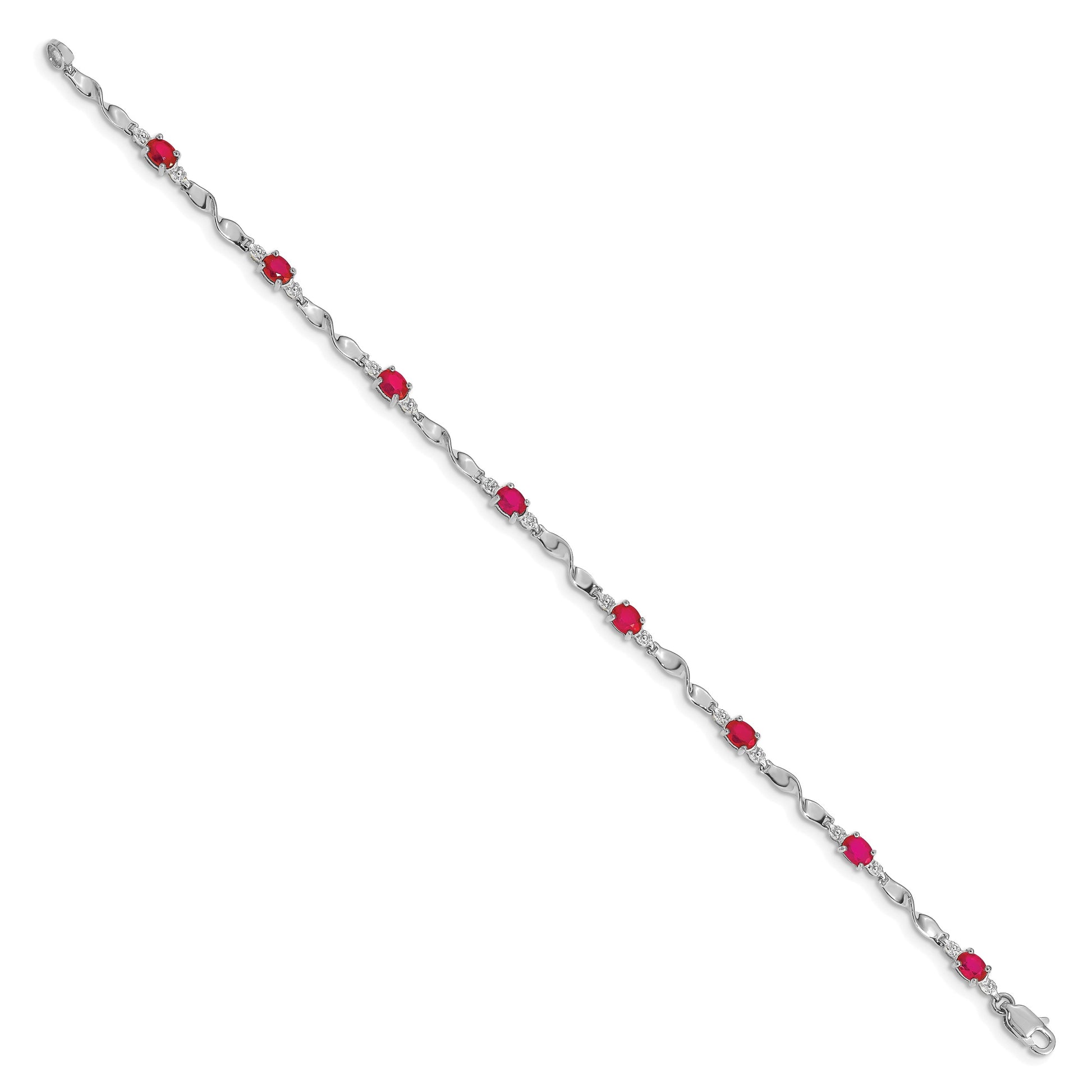 14k White Gold Complete Diamond and Oval Ruby Twisted Link 7 inch Bracelet