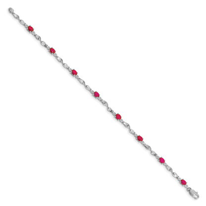 14k White Gold Complete Diamond and Oval Ruby Twisted Link 7 inch Bracelet