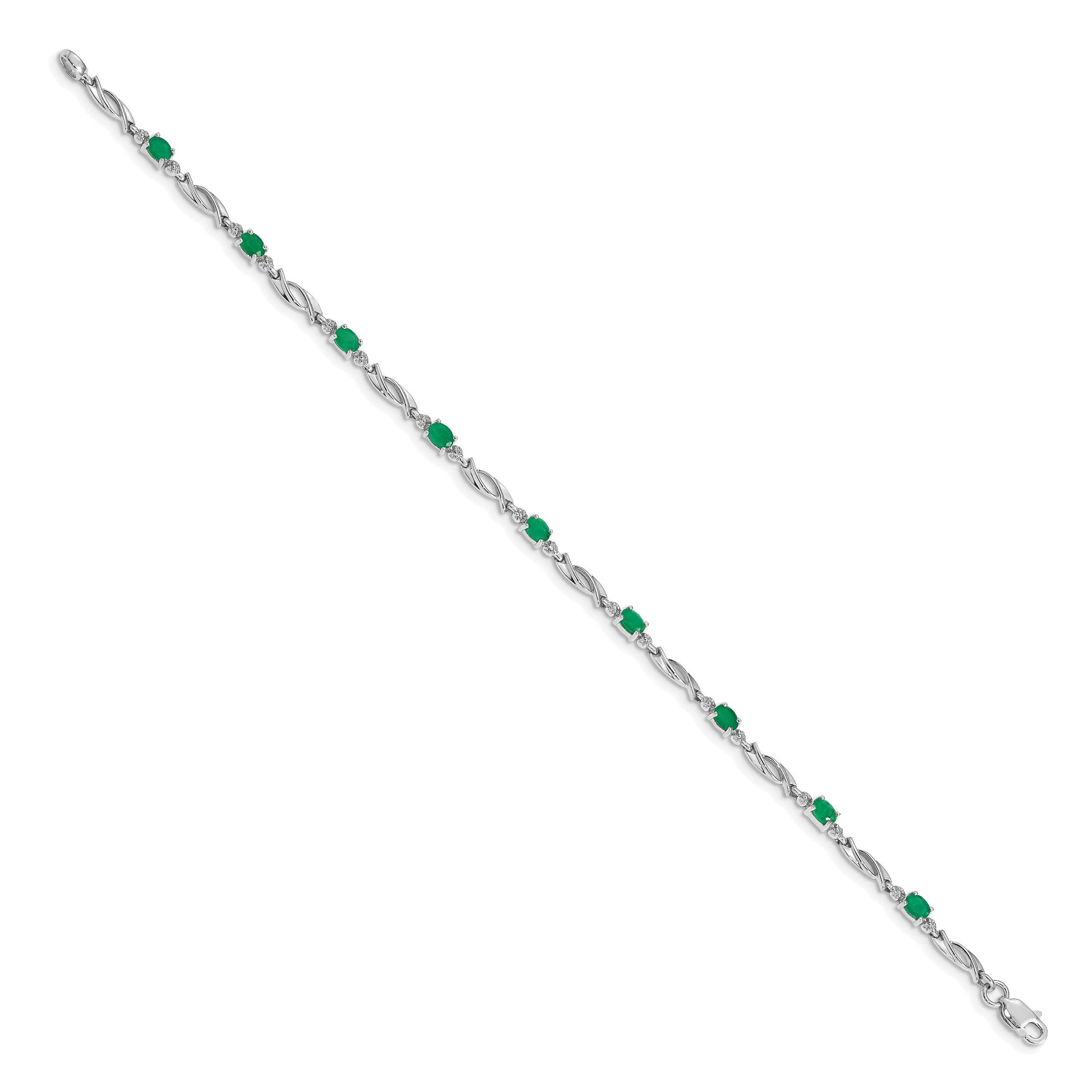 14k White Gold Complete Diamond and Oval Emerald Fancy Link 7.25 inch Bracelet