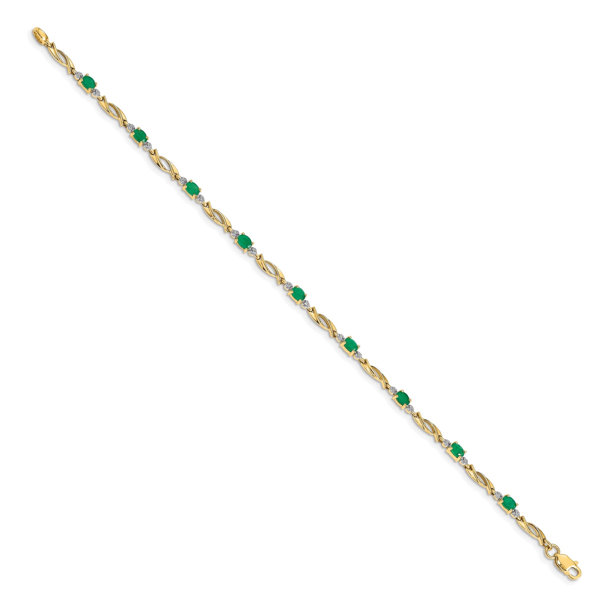 14k Complete Diamond and Oval Emerald Fancy Link 7.25 inch Bracelet