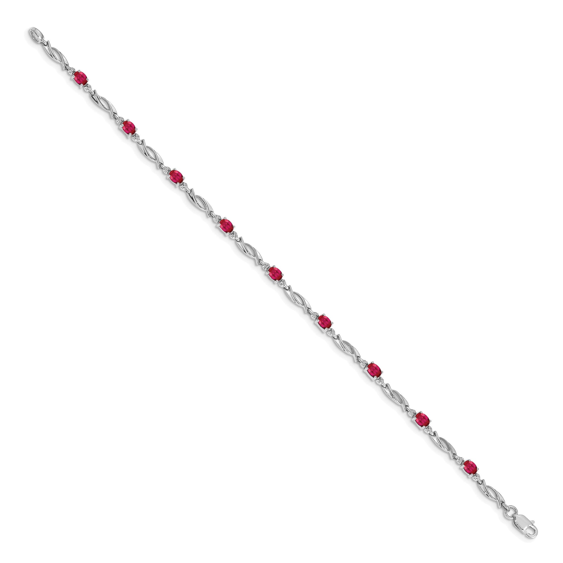 14k White Gold Complete Diamond and Oval Ruby Fancy Link 7.25 inch Bracelet