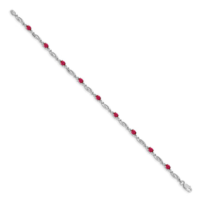 14k White Gold Complete Diamond and Oval Ruby Fancy Link 7.25 inch Bracelet