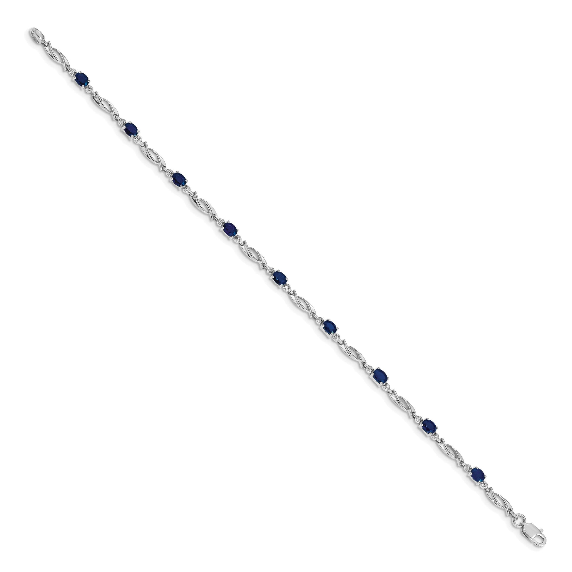 14k White Gold Complete Diamond and Oval Sapphire Fancy Link 7.25 inch Bracelet