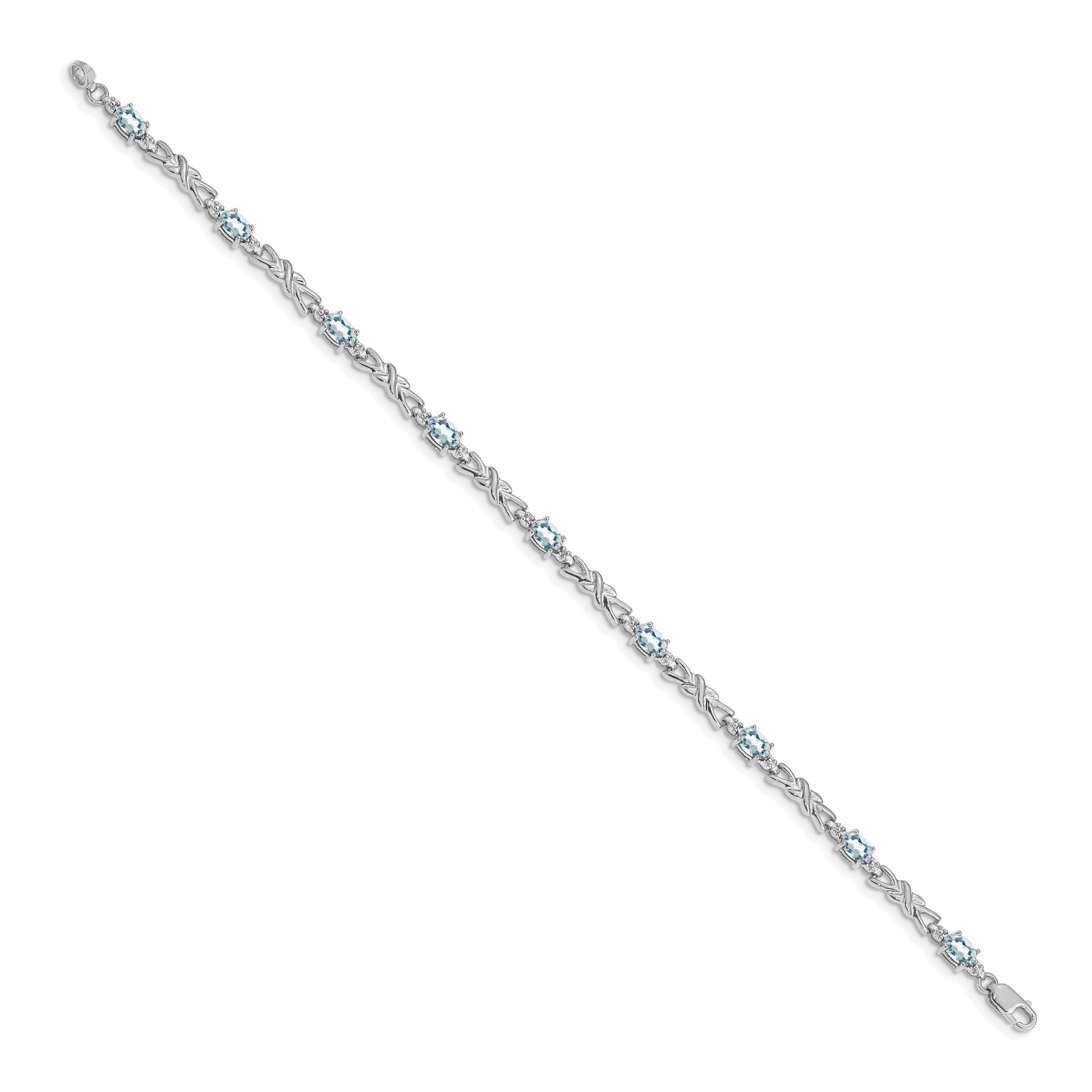 14k White Gold Complete Diamond and Oval Aquamarine X-design 7.25 inch Bracelet