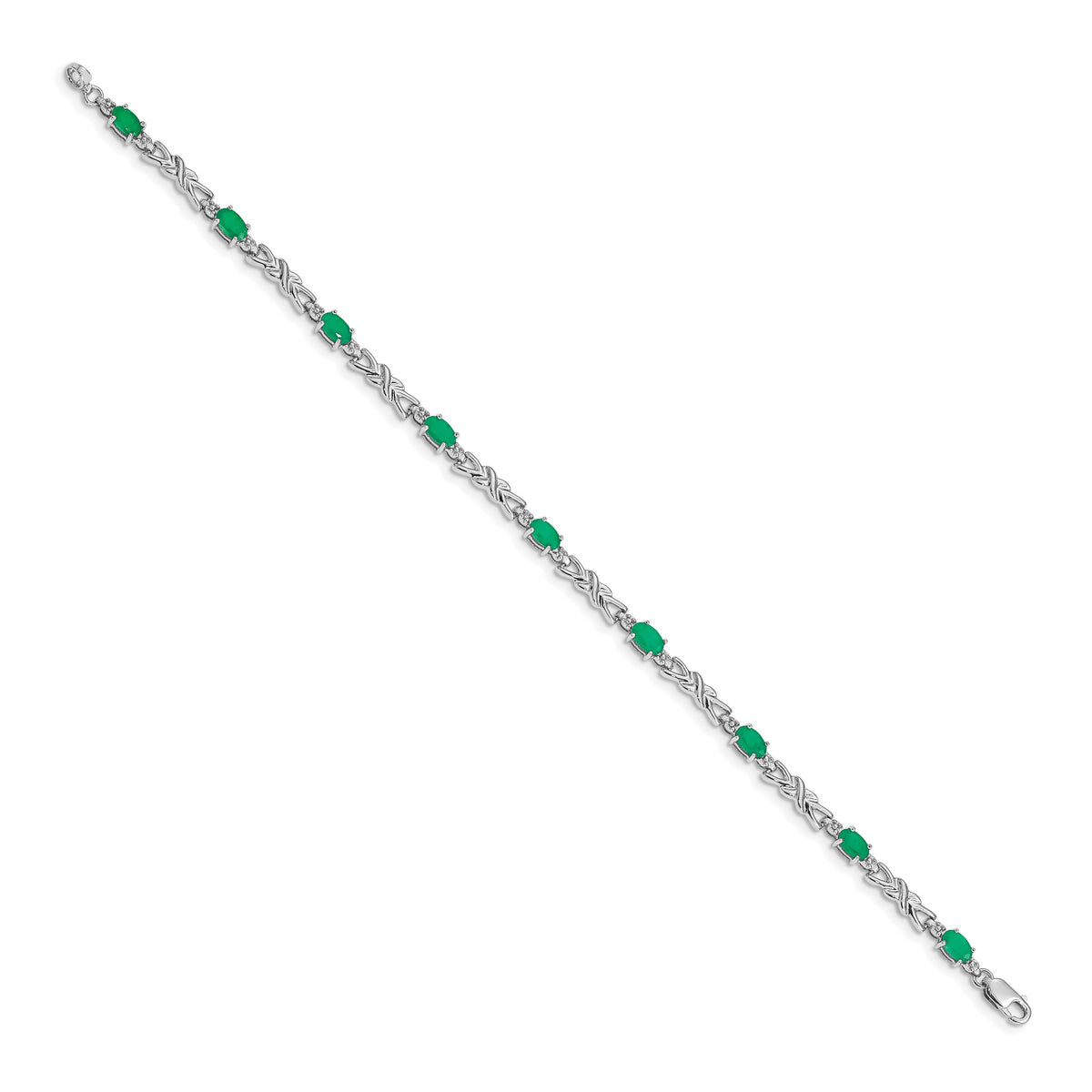 14k White Gold Complete Diamond and Oval Emerald X-design 7.25 inch Bracelet