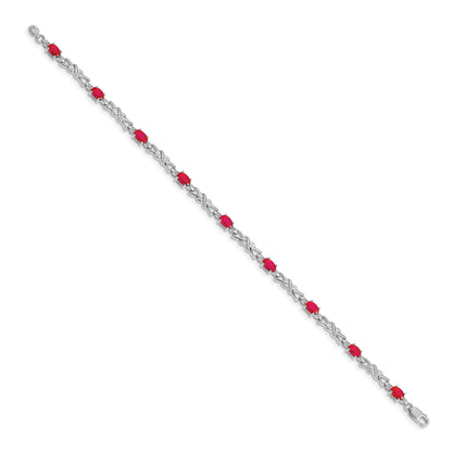 14k White Gold Complete Diamond and Oval Ruby X-design 7.25 inch Bracelet