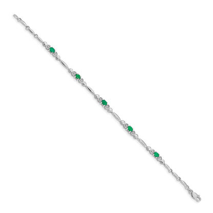 14k White Gold Complete Diamond and Oval Emerald Heart Design 7 inch Bracelet