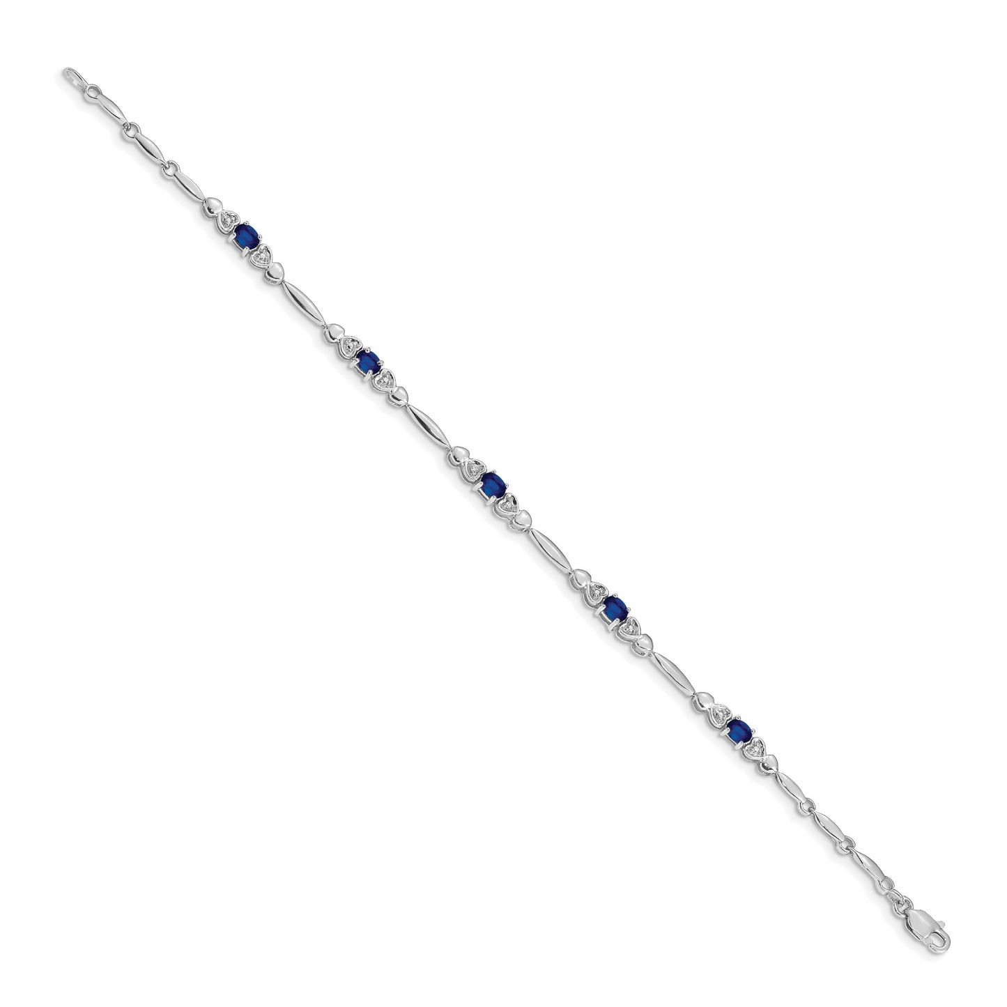 14k White Gold Complete Diamond and Oval Sapphire Heart Design 7 inch Bracelet