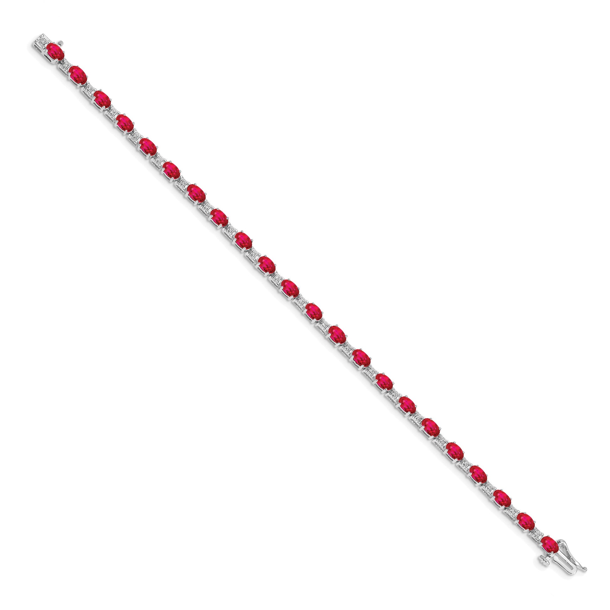 14k White Gold Complete Diamond and Oval Ruby 7 inch Bracelet