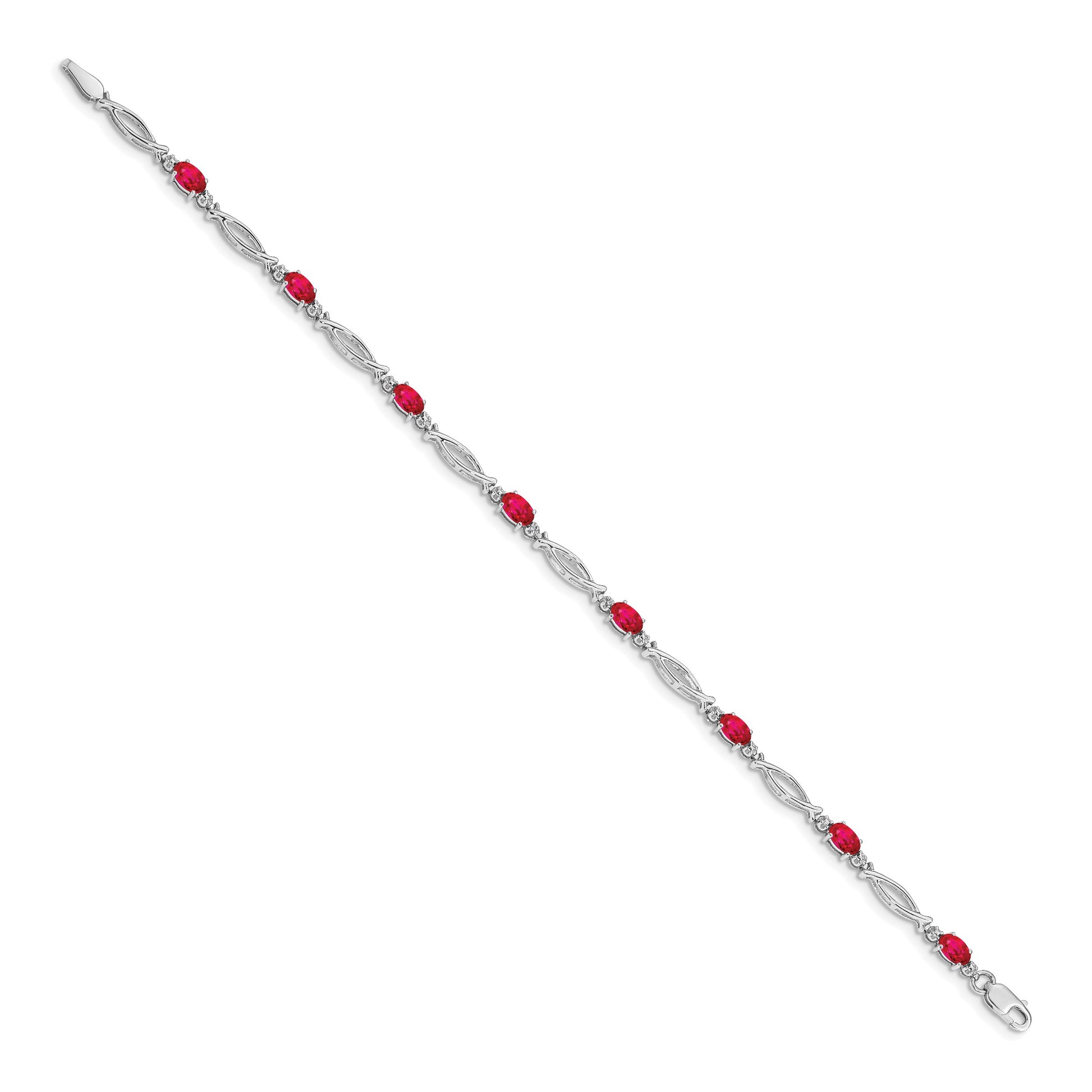 14k White Gold Complete Diamond and Oval Ruby 7.25 inch Bracelet