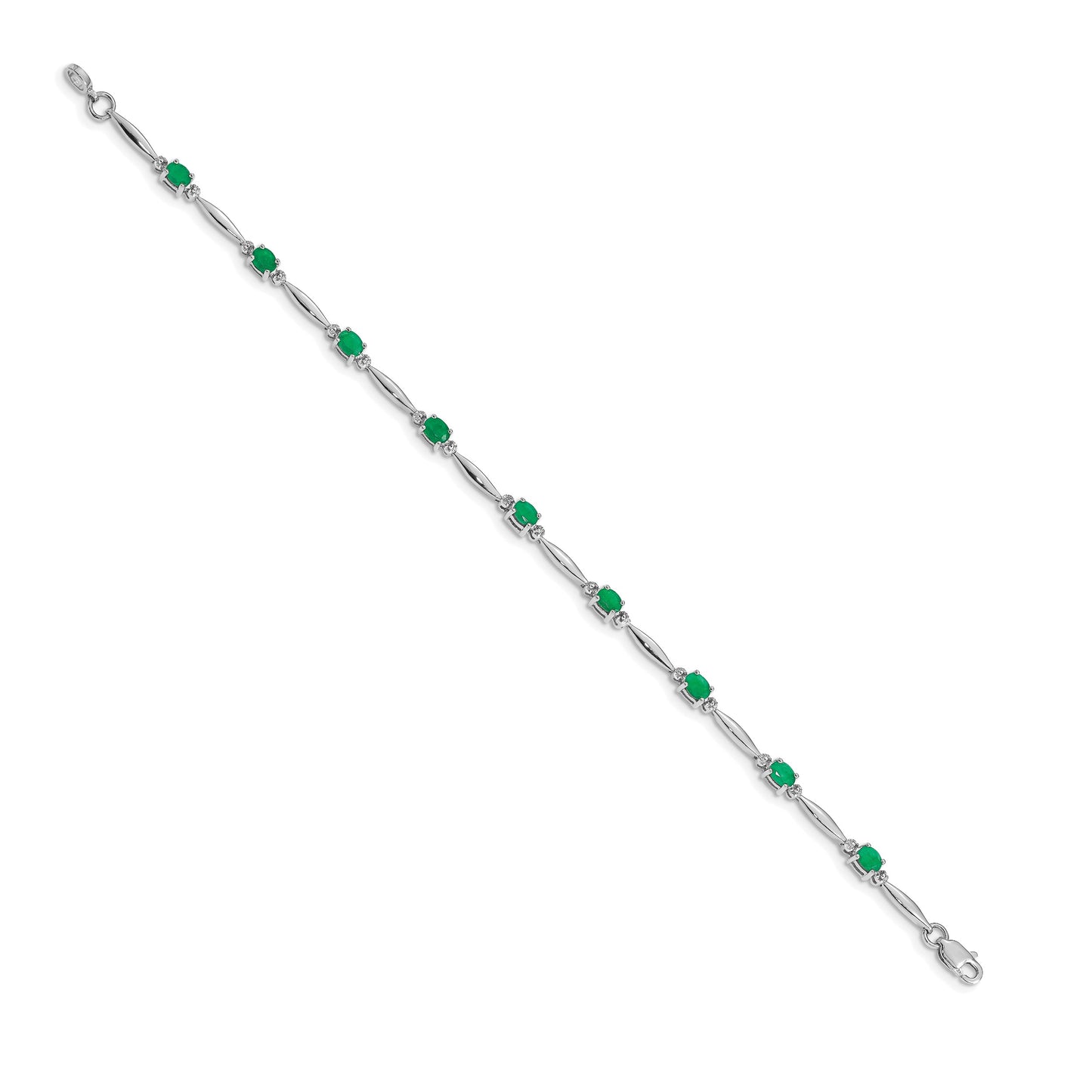 14k White Gold Complete Diamond and Oval Emerald 7.25 inch Bracelet