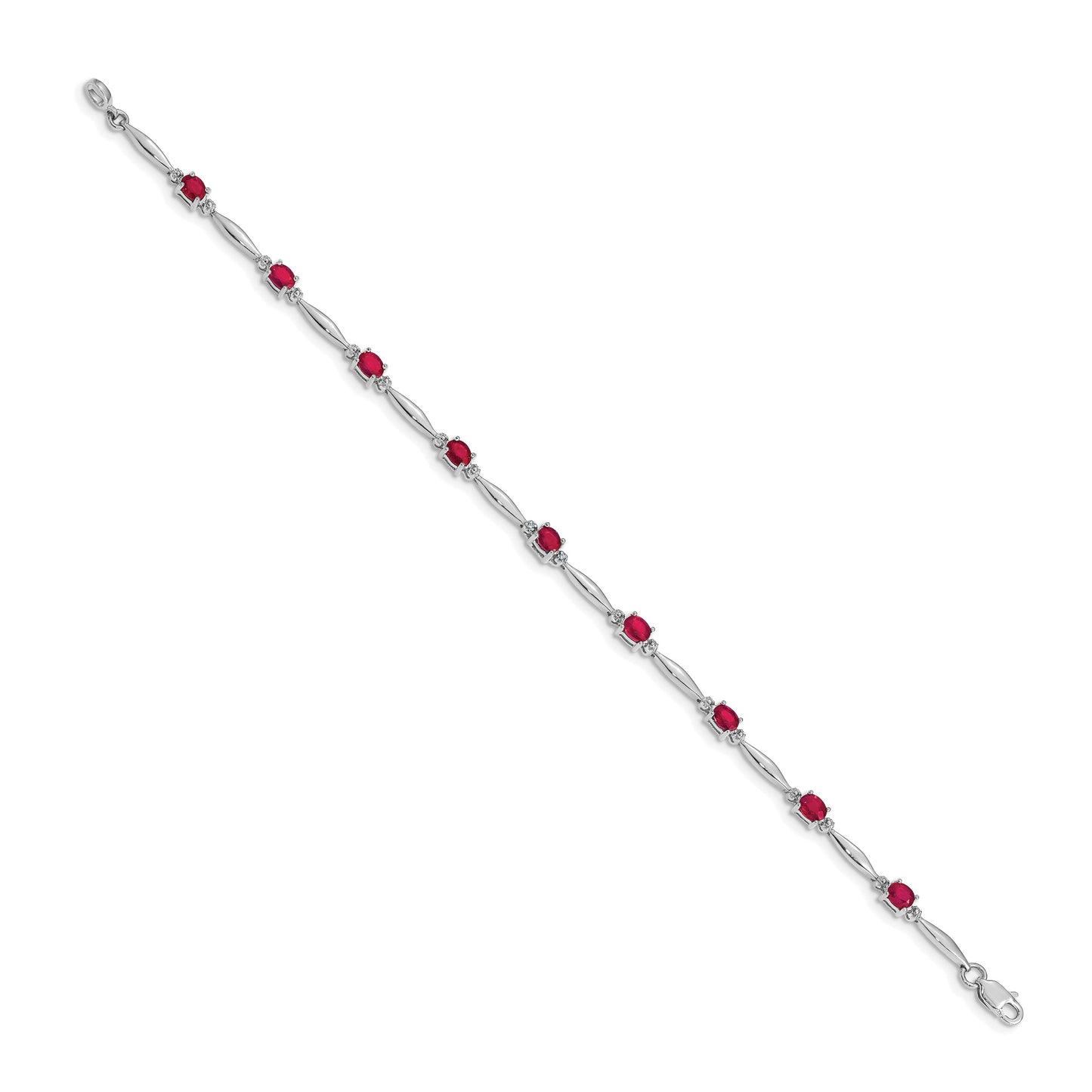 14k White Gold Complete Diamond and Oval Ruby 7.25 inch Bracelet
