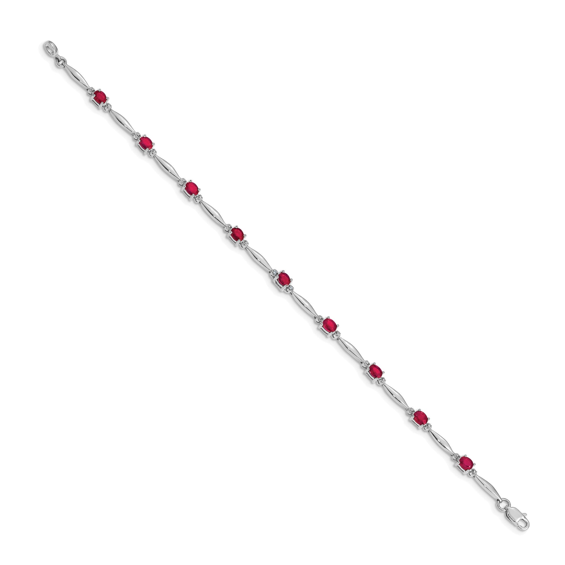 14k White Gold Complete Diamond and Oval Ruby 7.25 inch Bracelet