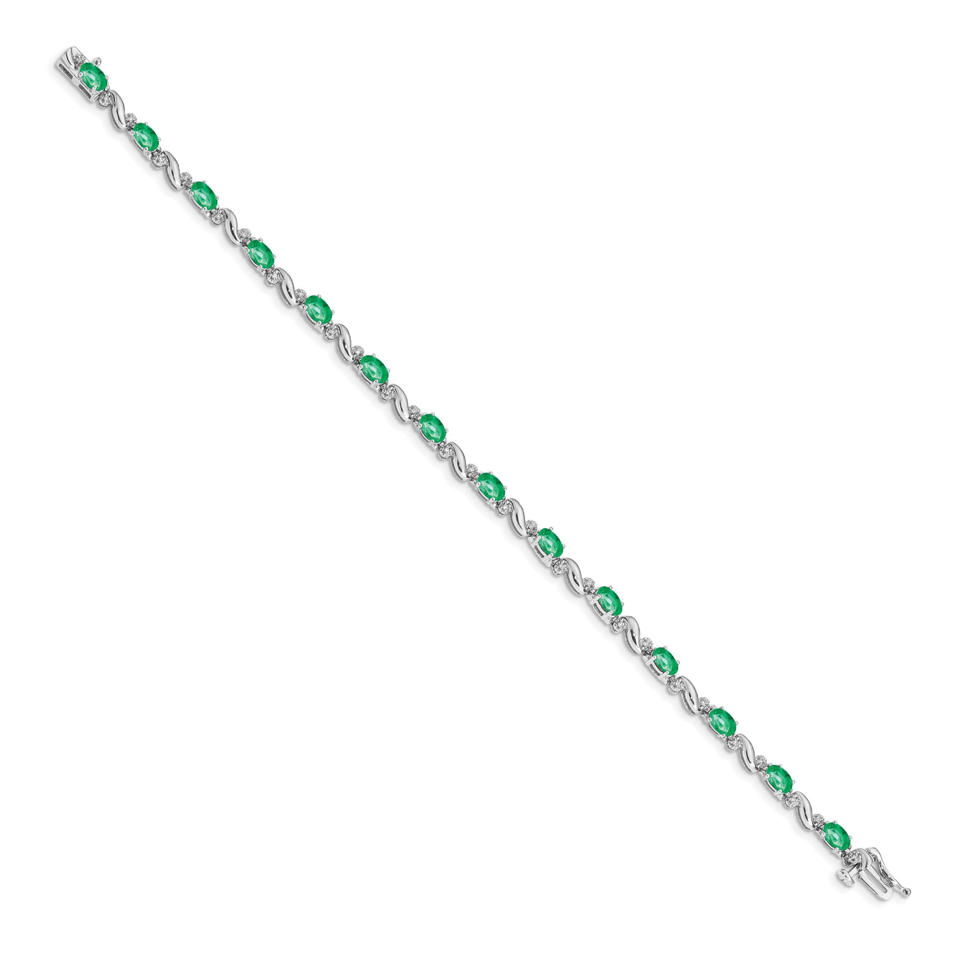 14k White Gold Complete Diamond and Oval Emerald Curved Link 7 inch Bracelet