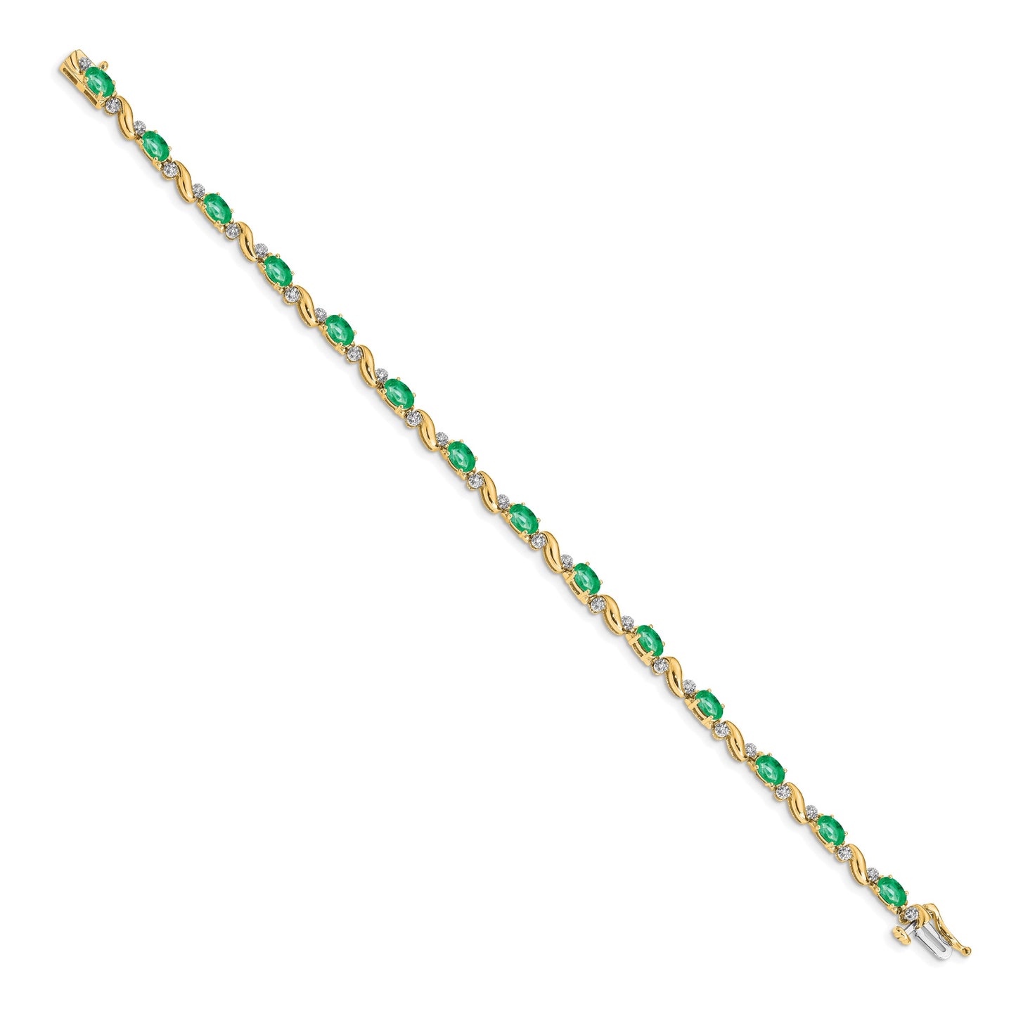 14k Complete Diamond and Oval Emerald Curved Link 7 inch Bracelet