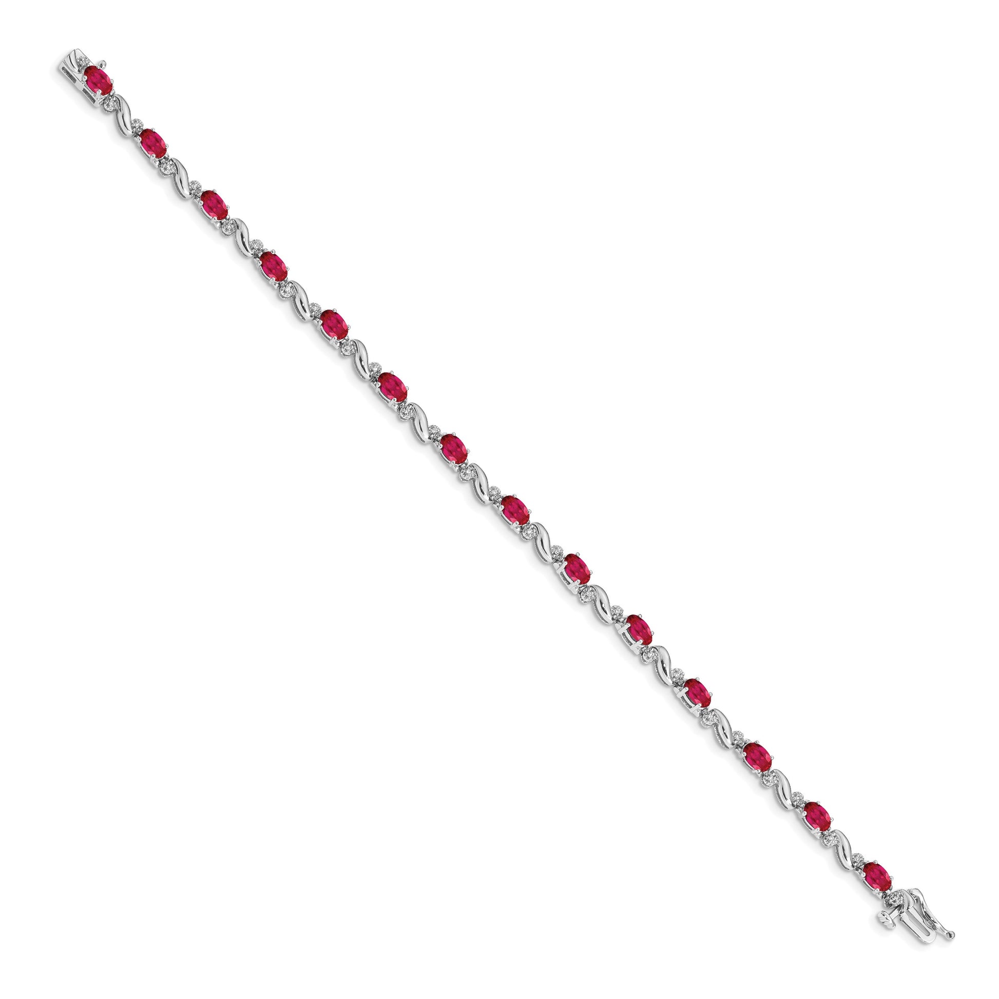14k White Gold Complete Diamond and Oval Ruby Curved Link 7 inch Bracelet