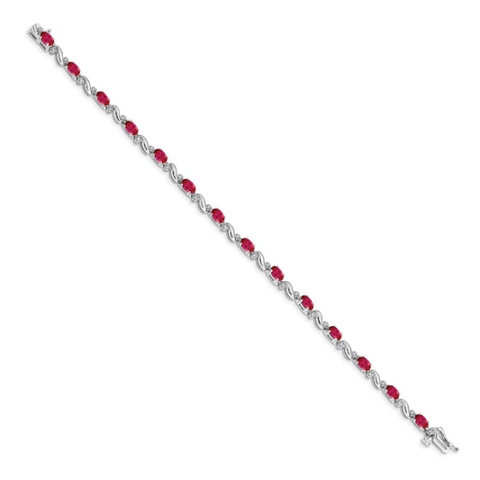 14k White Gold Complete Diamond and Oval Ruby Curved Link 7 inch Bracelet