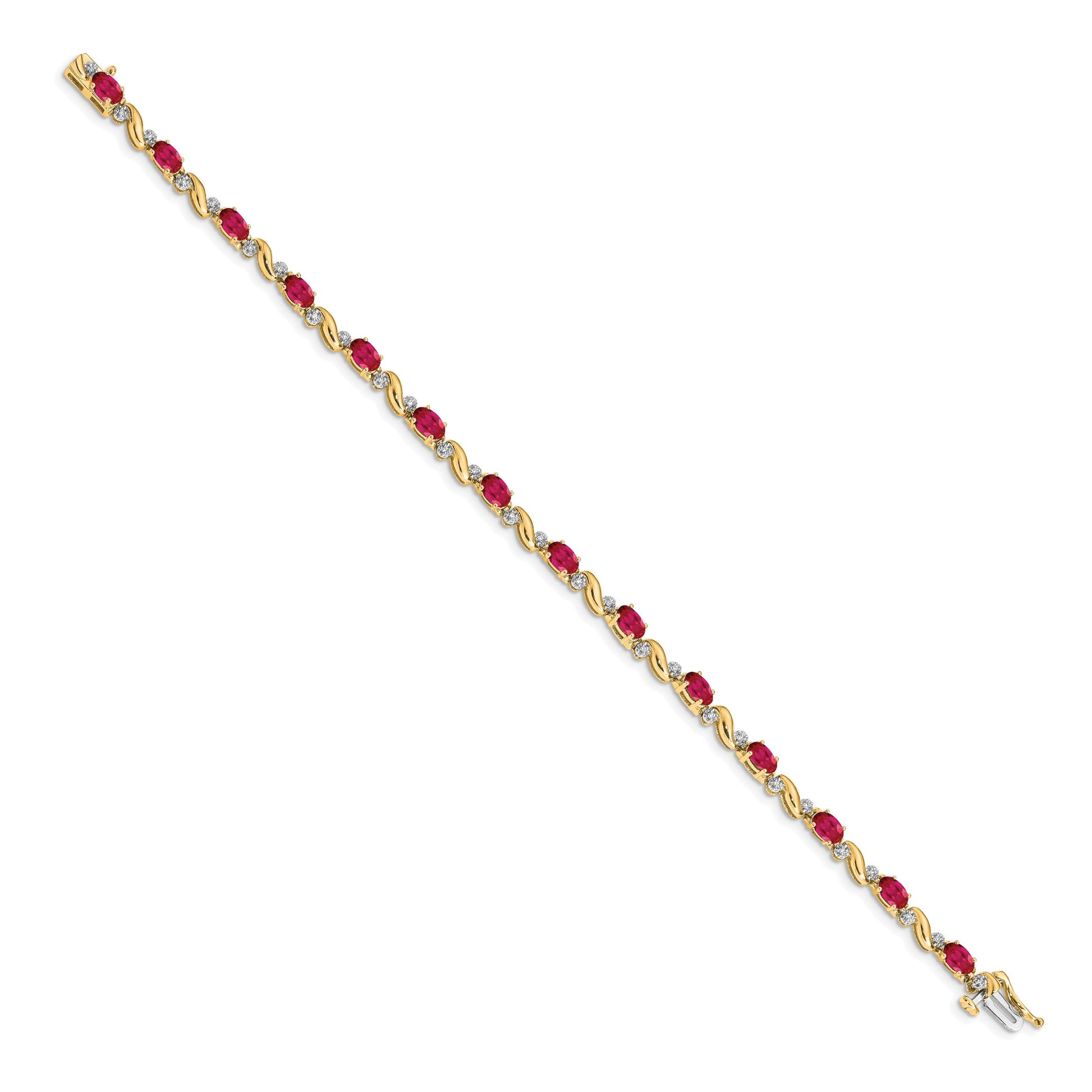 14k Complete Diamond and Oval Ruby Curved Link 7 inch Bracelet