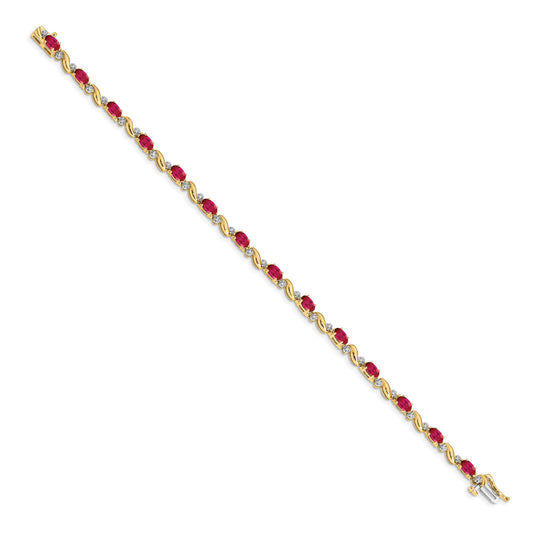 14k Complete Diamond and Oval Ruby Curved Link 7 inch Bracelet